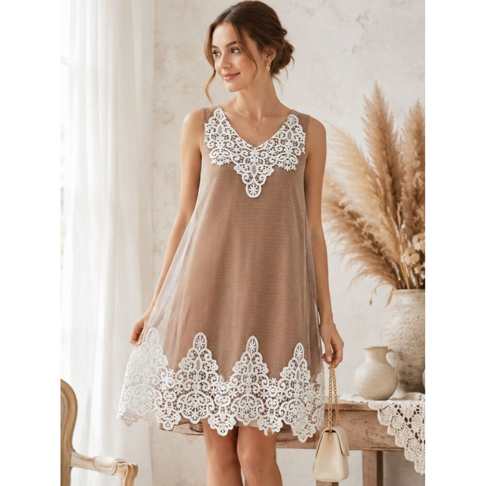 MISSLOOK Sleeveless Lace Overlay Shift Dress Size Medium Cottagecore Romantic